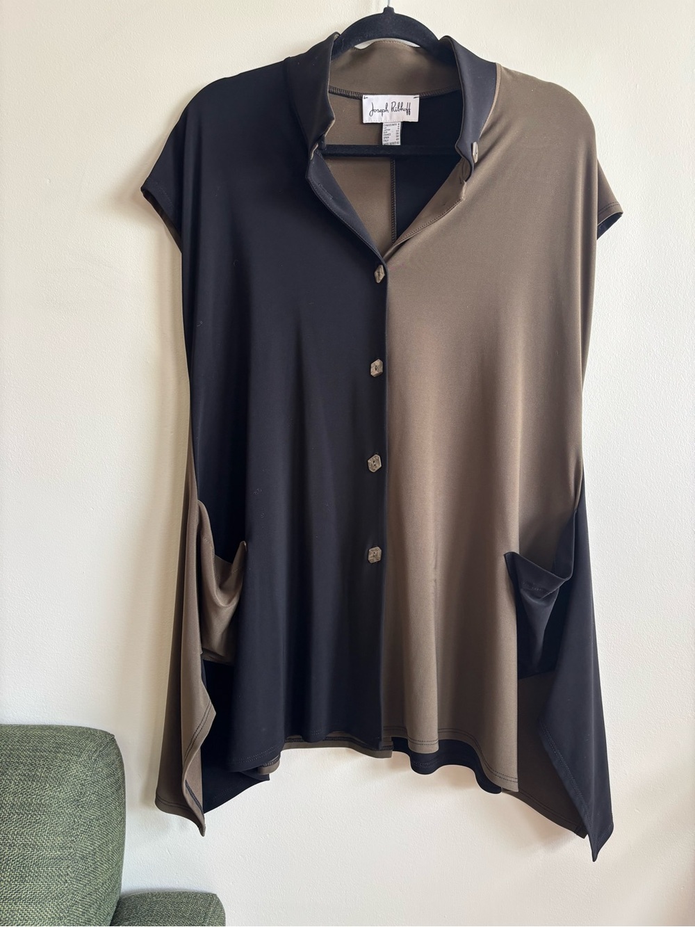 Joseph Ribkoff Two-Tone Black & Olive Button Front Tunic Vest